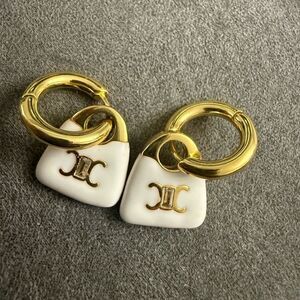 Brand new upcycled Celine Gold and White Earrings with Logo
